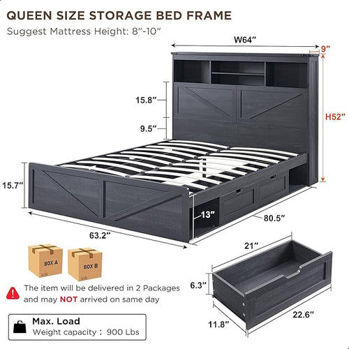ACCOHOHO Farmhouse Queen Size Bed Frame with 52" High Storage Bookcase Headboard and 4 Drawers,Wooden Bed Frame with LED Light and Charging Station,Black