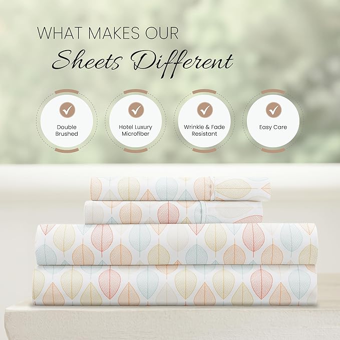 Linen Market Patterned Microfiber King Sheet Set 4 Piece – Oeko-TEX Certified Ultra Soft & Wrinkle-Free - 16" Deep Pocket Sheets - Easy Care King Size - Fall Foliage Yellow
