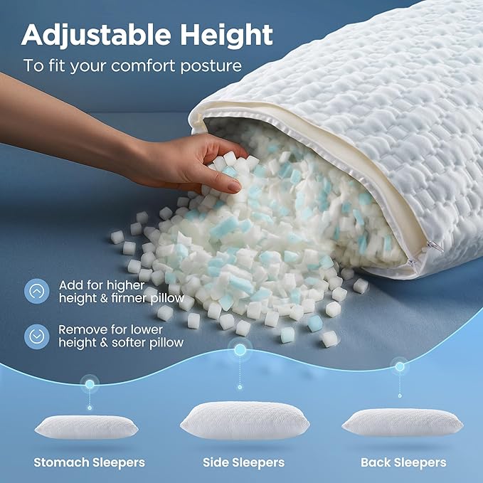 Sophia & William Cooling Bed Pillow for Sleeping (Queen Size) Adjustable Shredded Memory Foam Pillow for Side, Back and Stomach Sleepeers