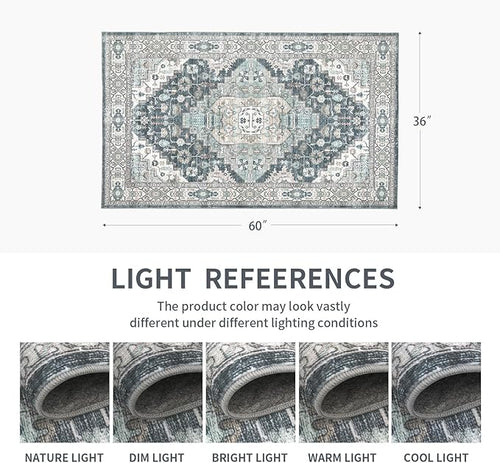 3x5 Vintage Washable Area Rug for Living Room,Low Pile Non Slip Carpet Non-Shedding Small Area Rug Soft Indoor Stain Resistant Rug Boho Print Mat for Bedroom Dining Room Blue Beige Multi
