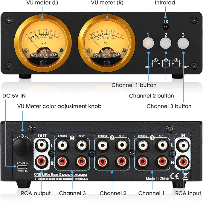 Douk Audio L3 RCA Audio Switch 1 in 3 Out & 3 in 1 Out, 3 Channel Switcher Selector Box with Remote Control & VU Meter & Bypass for PC, Amplifier, Speaker
