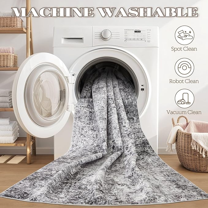 Square Area Rug Living Room Rugs - 8x8 Washable Large Soft Indoor Neutral Modern Abstract Low Pile Rug Carpet for Bedroom Dining Room Farmhouse Home Office - Grey
