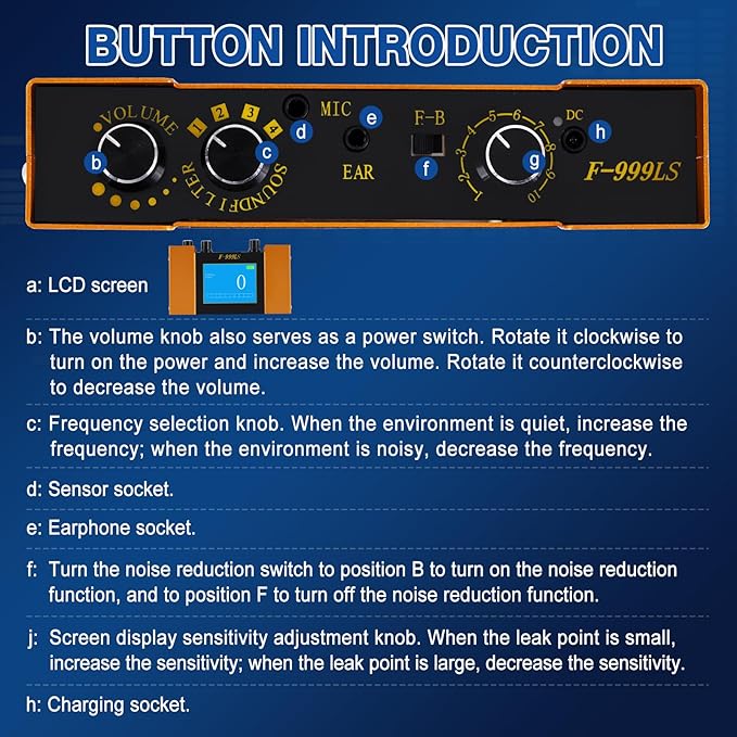 Underground Water Leak Detector Water Leak Detection Device Water Pipe Leak Detector with Digital Display & Adjustable 4 Gears Frequency for Pool Pipe, Fire Pipe, Floor Heating Pipe