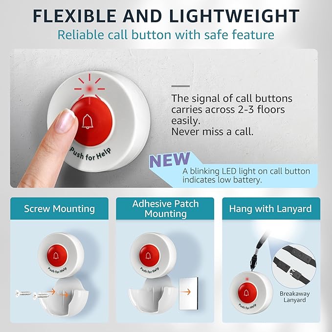 SYNLETT 2 Caregiver Pagers with 1 Call Button SOS Alert System for Elderly Seniors Patients Home Care Nurse Call Bed Alarm Emergency Monitoring