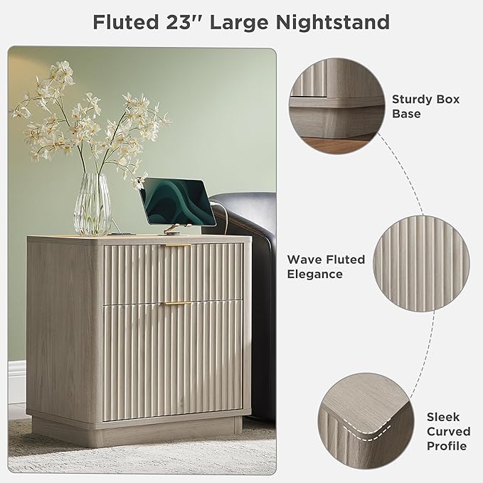 T4TREAM 23'' Fluted Nightstand Set of 2 with Charging Station, Large 2 Drawer Side Table, Modern End Table with Storage, Mid Century Bedside Table for Bedroom, Living Room, Curved Profile, White Alder