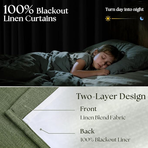 80 Inch Olive Green Linen Blackout Curtains for Living Room 100% Black Out Pinch Pleat Hooks for Living Room Back Tab Thick Linen Textured Pleated Drapes Light Blocking Loden Bedroom Window Curtains