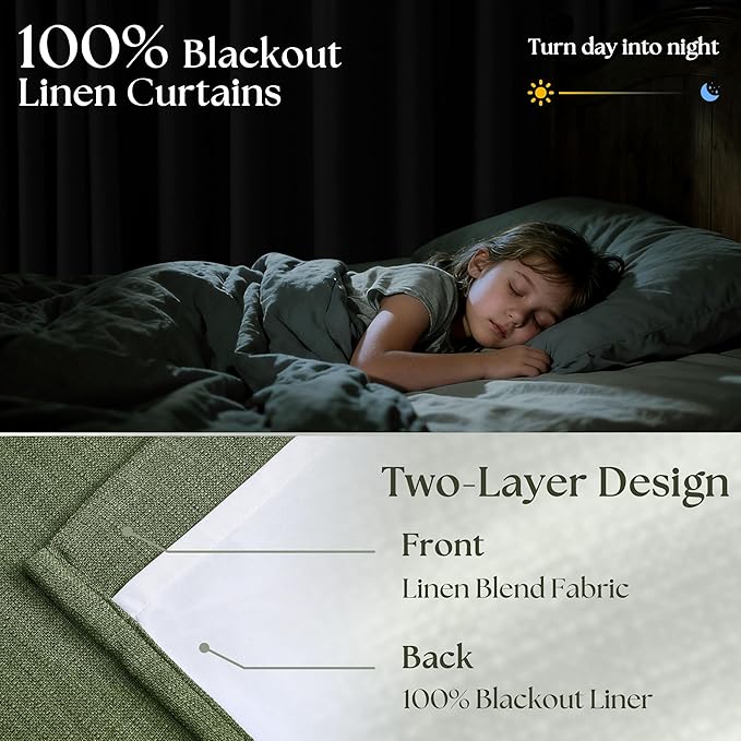 Pleated Blackout Olive Green Curtains 96 Inches Long 2 Panels Set for Bedroom Living Room Darkening Linen Blend Back Tab Pinch Pleat Memory Shape with Liner Soundproof 96 Inch Window Curtains