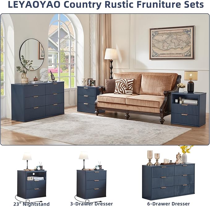 LEYAOYAO Fluted Dresser and Nightstand Sets, Wood 48" Wide Dresser & 23" Night Stand with Charging Station, 2 Piece Bedroom Furniture Set, Chest of Drawers for Bedroom, Home, Living Room,Nave Blue
