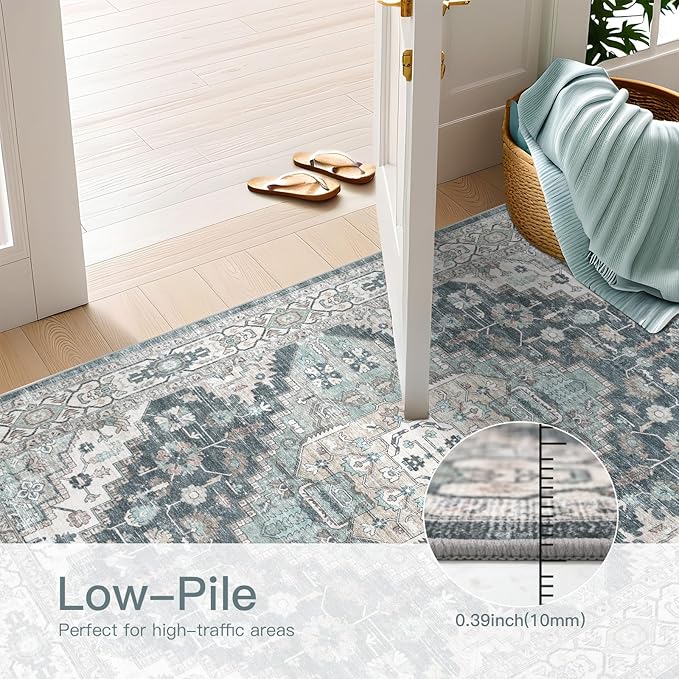 Washable Runner Hallway Rug,Low Pile 2x8 Non Slip Non-Shedding Kitchen Carpet Soft Indoor Stain Resistant Rug for Bedroom Laundry Room Bathroom Blue Beige Multi
