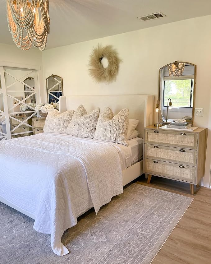 PHI VILLA Rattan Nightstand Set of 2 - Dresser with Drawer Boho Small Cabinet, 3 Drawer Dresser, Rattan Cabinet