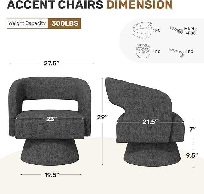 Swivel Accent Chair Set of 2, Modern Comfy Chenille Barrel Chairs, Oversized Upholstered Round Arm Chair for Living Room, Bedroom, Reading Room, Black