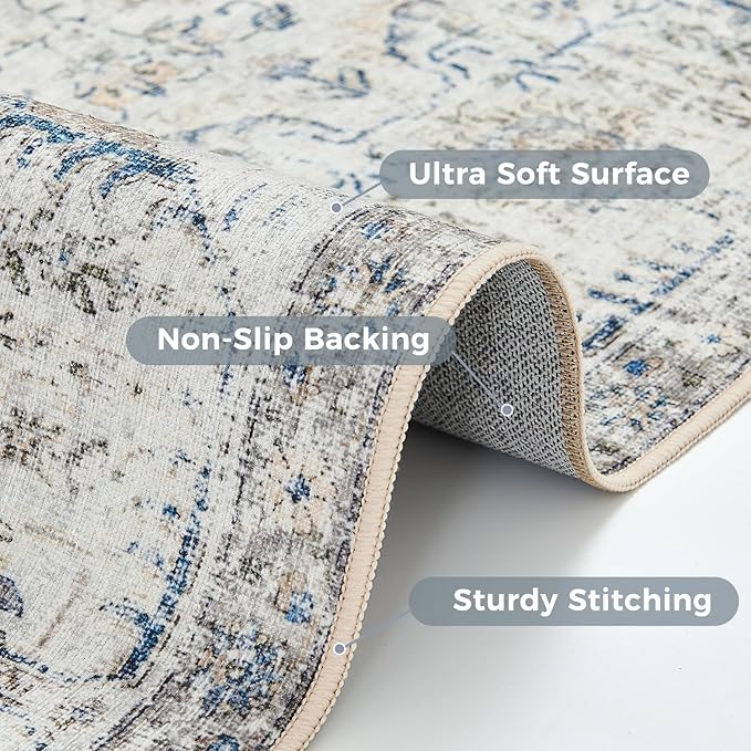 jinchan Kalen Round Rug 6ft Area Rug Washable Vintage Indoor Retro Accent Floor Cover Distressed Floral 6' Round Circle Boho Non Slip Thin Carpet for Living Room Dining Room Bedroom Kitchen Blue