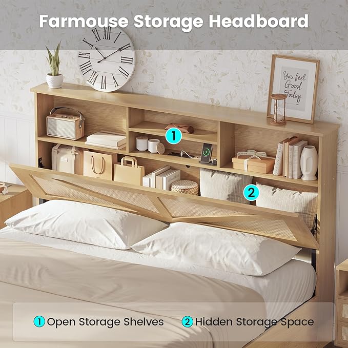 AOGLLATI Queen Bed Frame with 4 Storage Drawers and Natural Rattan 2-Tier Bookcase Hidden Headboard, Boho Led Bed Frame Queen Size with Charging Station, No Box Spring Needed, Wood
