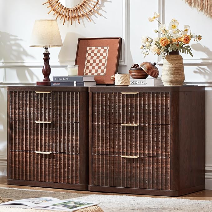 LEYAOYAO 23" Wide Fluted Farmhouse Night Stand Set of 2 with Charging Station, 3 Drawers Large End Table w/Metal Handle, Walnut Nightstand Bedside Table,Wood Dresser for Bedroom, Closet
