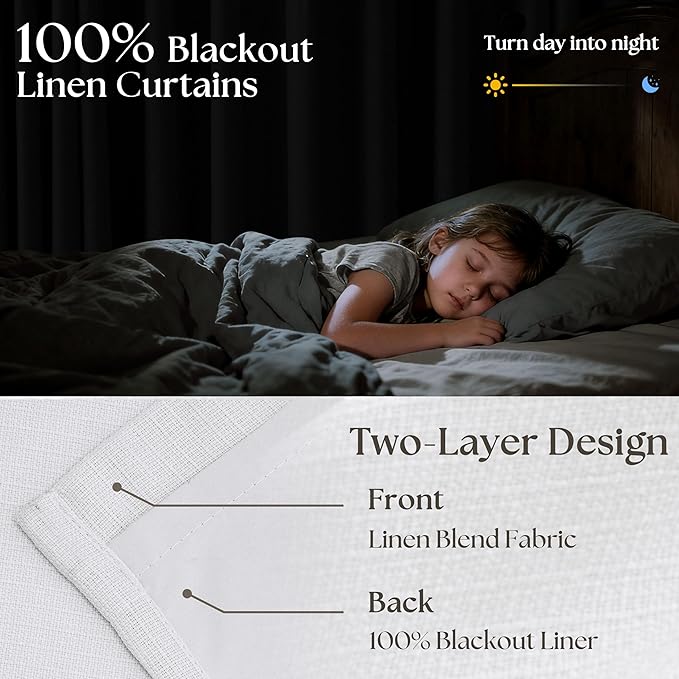 White Blackout Pinch Pleated Linen Curtains 105 Inches Long for Living Room 2 Panels Thermal Insulted Dual Layer Drapes Ceiling Floor Back Tab 105 Inch Window Curtains Bedroom Sliding Glass Door