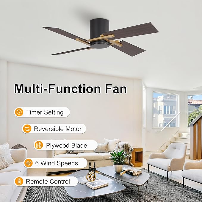 WINGBO 48 Inch Flush Mount Ceiling Fan without Light - 4 Plywood Blades, 6-Speed Reversible DC Motor, Noiseless Low Profile Ceiling Fan No Light for Bedroom Living Room, Gold and Black/Walnut