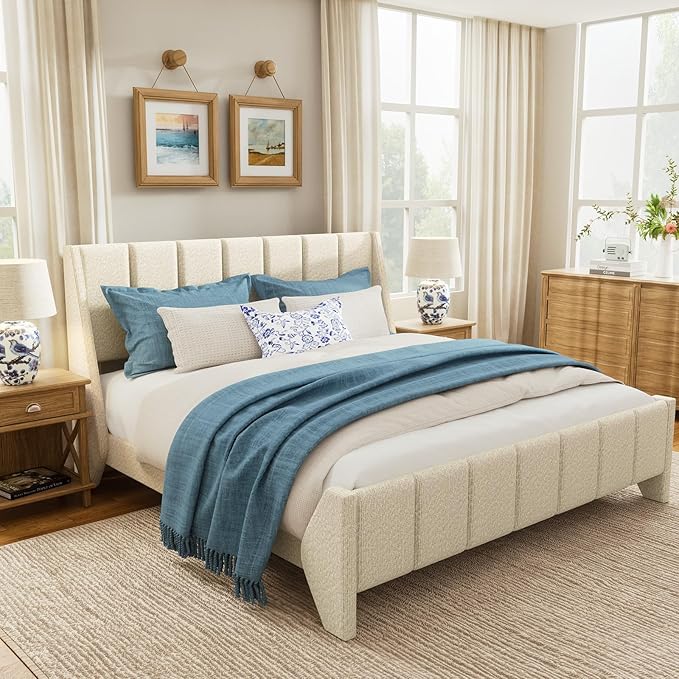 Brafab King Boucle Upholstered Bed Frame with Wingback Headboard, Platform Bed with Wooden Slats, No Box Spring Needed, Easy Assembly, Beige (King (U.S. Standard))