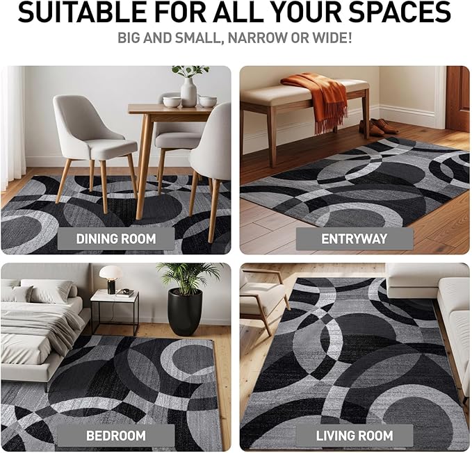Rugshop Gray Modern Geometric Area Rug, Abstract Circles, High-Traffic, Non-Shedding, for Living Room, Bedroom and Home Office, 5'3" x 7'3"