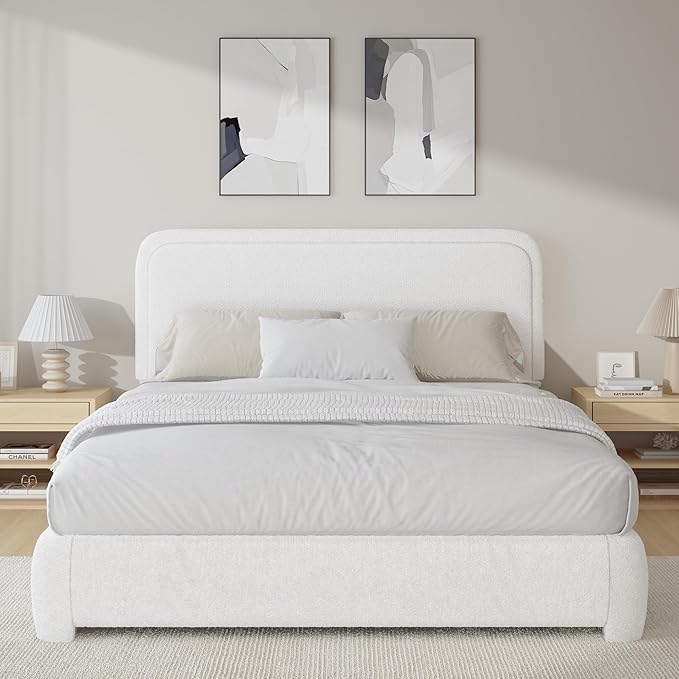 BarnFurin Full Size Bed Frame,Cloud Boucle Upholstered Platform Bed Frame with Headboard, Modern Style, Soft Rounded Corners, No Box Spring Required, Easy Assembly, White