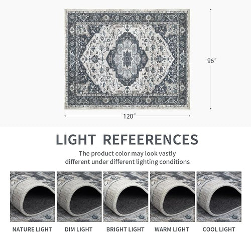 8x10 Vintage Washable Area Rug for Living Room,Low Pile Non Slip Carpet Non-Shedding Large Area Rug Soft Indoor Stain Resistant Rug Floral Print Mat for Bedroom Dining Room Blue Beige