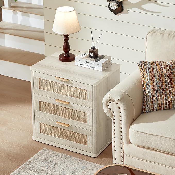 LEYAOYAO Rattan Dresser and Nightstand Sets 3 Piece, Boho Wood Dresser for Bedroom with 6 Drawers and Night Stand with 3 Drawer, Bedroom Furniture, Dressers & Chests of Drawers, Living Room, Hallway