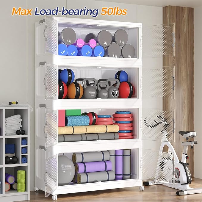480QT Plastic Stackable Storage Bins with Lid, 120GAL Extra Large Collapsible Box with Wheels Clear Door, Foldable Closet Organizer Container Cabinet Drawer for Home Kitchen，4Pack, White