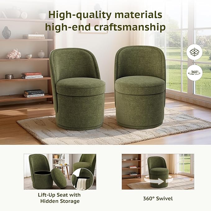 Swivel Accent Chair, 360° Swivel Chair with Hidden Storage, Vanity Chairs, Modern Small Barrel Swivel Armchair for Living Room/Bedroom, Green