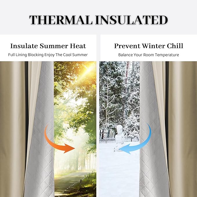 3-in-1 100% Blackout Curtains 120 Inches Long, Thermal Insulation, Soundproof Back Tab Drapes for Bedroom Living Room Sliding Glass Door, with Pin Hooks, Beige 50x120 Inch 1 Panel