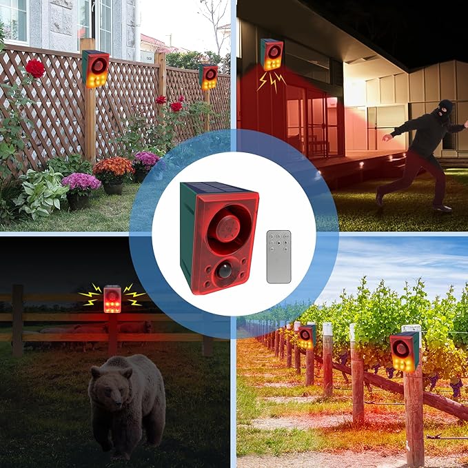 ChunHee Solar Outdoor Motion Sensor Alarm with Dog Barking Gunshot Sound, Support Recording and Adjustable Volume, 130db Loud Noise Maker 3 Work Modes Strobe Light for Home, Villa, Farm, Barn (1pack)