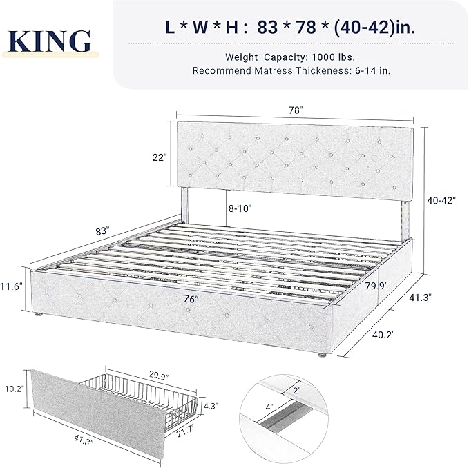 Allewie Upholstered King Size Platform Bed Frame with 4 Storage Drawers and Headboard, Diamond Stitched Button Tufted, Mattress Foundation with Wooden Slats Support, No Box Spring Needed, Dark Grey