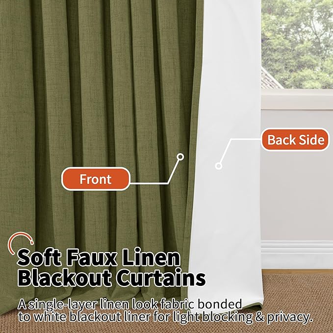 100% Linen Blackout Curtains for Bedroom Living Room 45 Inch Long 2 Panels, Thermal Insulated Light Blocking Soundproof Curtains, Noise Reducing Window Drapes 52x45 Inch 2 Panels, Olive Green