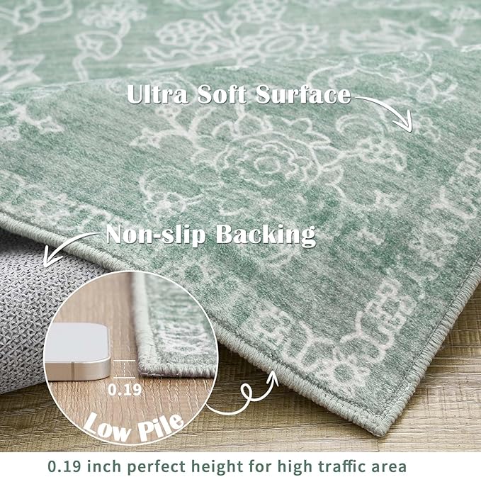 jinchan 2x3 Washable Rug for Entryway - Kitchen Mats Vintage Floral Ultra-Thin Low Pile Soft Throw Small Non-Slip Distressed Doormat Accent Rug for Entrance Bathroom Bedroom (2'x3', Green)