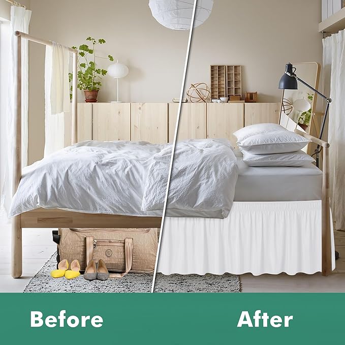 Biscaynebay Wrap Around Bed Skirts with Split Corners for Full Beds 16" Drop, White Elastic Dust Ruffles Adjustable Easy Fit Wrinkle & Fade Resistant Silky Luxurious Fabric Machine Washable
