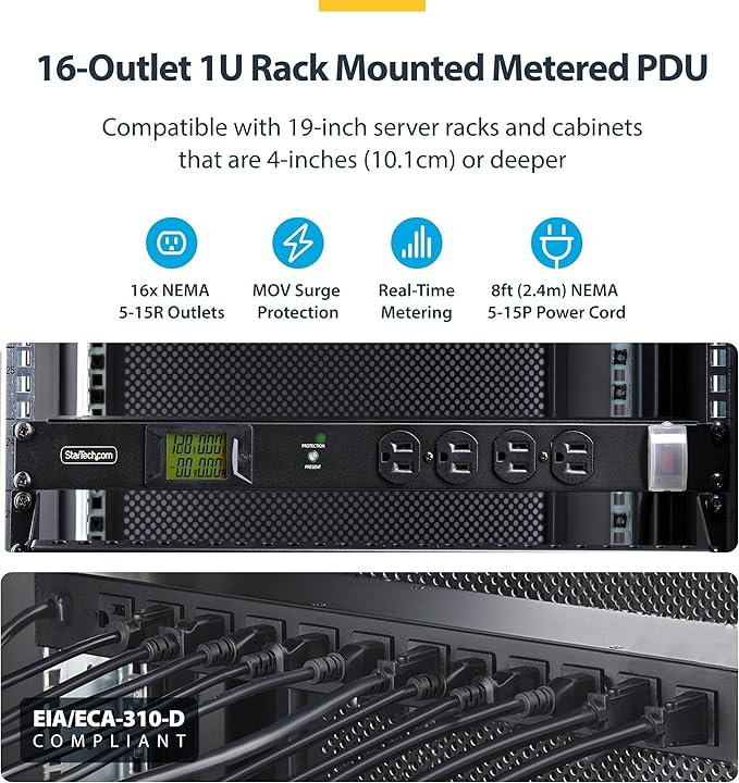 StarTech.com 16-Outlet Horizontal Rack Mount Metered PDU, 1U Server Power Strip w/Surge Protector, 8ft/2.4m Power Cable, TAA