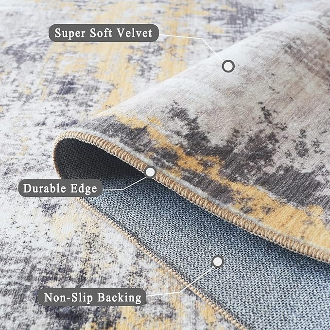 3x5 Rug, Small Area Rug for Living Room, Bedroom, Kitchen, Machine Washable Non-Slip Throw Rug, Modern Abstract Carpet for Entryway Nursery Coffee Table - Durable (Yellow)