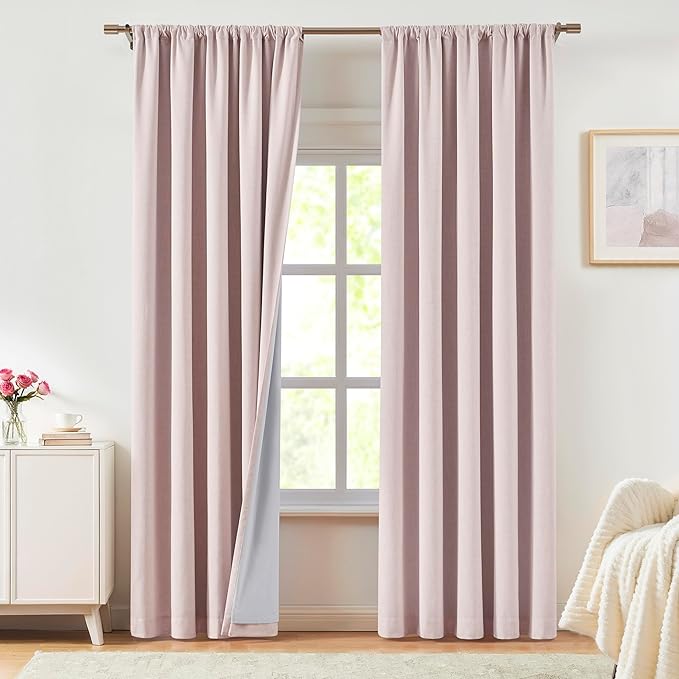 Vision Home Soft Pink Linen Full Blackout Curtains 90 inch Long for Bedroom Living Room Darkening Soundproof Window Panels Thermal Insulated Rod Pocket Back Tab Neutral Drapes 56" Wx90 Lx2