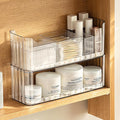 2-Tier Stackable Medicine Cabinet Organizer, Narrow Bathroom Makeup Organizer with Lipstick Holders & Cotton Swab Cases, Clear Countertop Shelf for Mirror Cabinet and Vanity