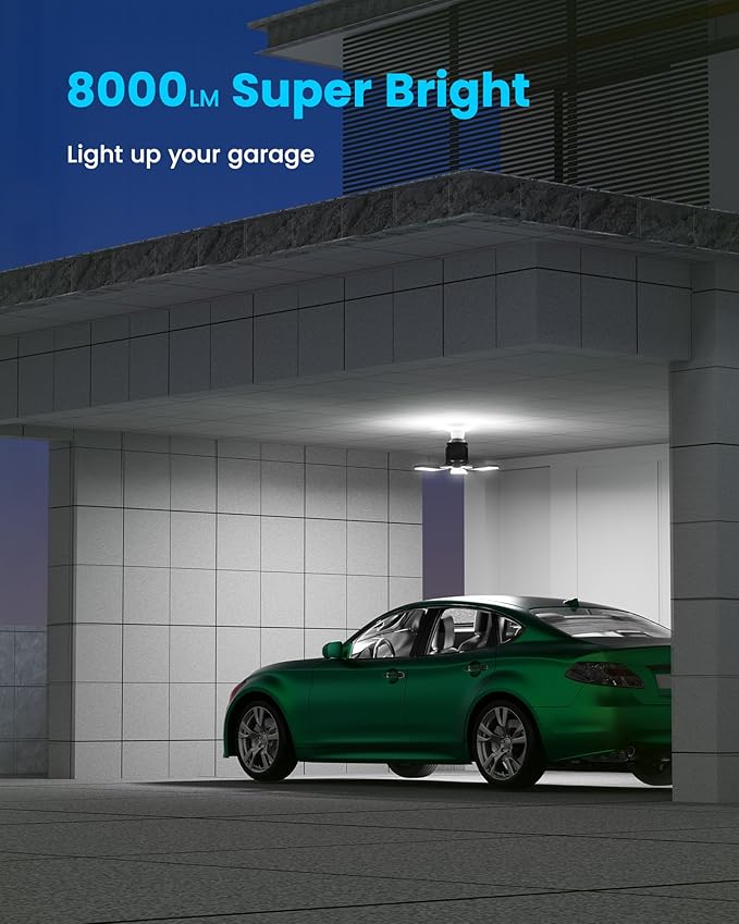 Kryoza 4-Pack Garage Lights with Motion Sensor, 8000LM Motion Sensor Light Indoor with 3 Deformable Design and Auto-Off, E26 Screw-in 6500K Motion Activated Bulbs for Ceiling/Basement