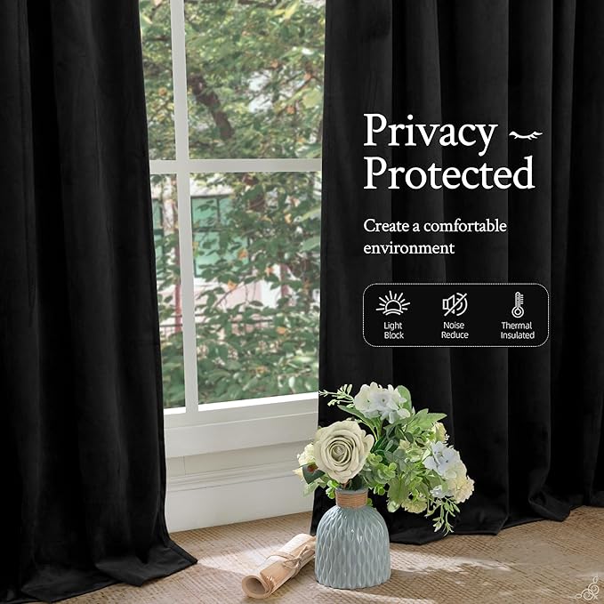 LAMIT Halloween Black Velvet Curtains for Bedroom 84 Inch, Luxury Thermal Room Darkening Drapes Back Tab and Rod Pocket Privacy Blackout Panels for Movie Theater, 2 Panels, 52 x 84 Inch