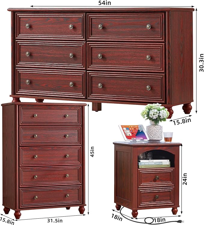 Farmhouse Dressers & Night Stand Set of 4, Wood 54" Wide 6 Drawer Dresser & 45" Tall Chest of Drawers, 18" Roman Column Nightstand Set of 2, Bedroom Furniture Dresser Sets for Home Living Room Hallway
