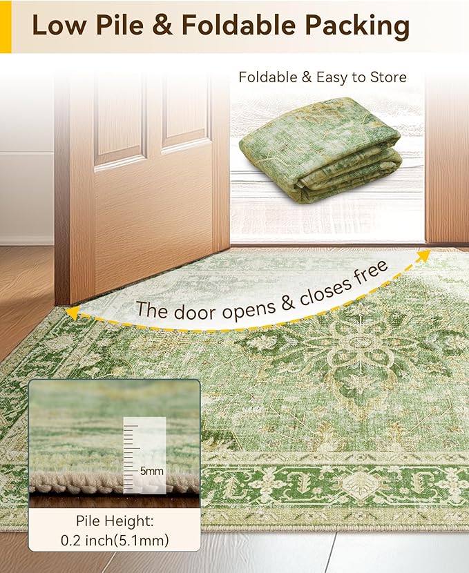 Area Rugs 5'x8' Washable Non-Slip, Floral Vintage Distress Print Pattern Medallion Carpet for Living Room Bedroom Dining Room, Sage Green Yellow