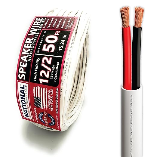 NATIONAL Wire&Cable - 12/2 Audiophile Speaker Wire (50 Feet) 12AWG Gauge - Made in USA - in Wall Audio Speaker Wire Cable/CL Rated/ETL Listed / 2 Conductors - OFC Oxygen-Free Copper, White 50ft