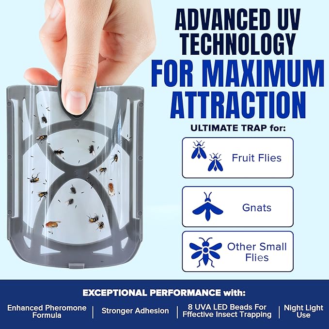 Zaperly 2 Fruit Fly Traps & 10 Adhesive Cartridges, Indoor Plug-in Bug Catcher, UV Light Fly Trap Captures Fruit Flies, Gnats, Houseflies, Moths, and Flying Insects for Kitchen, Bathroom, Plant Areas