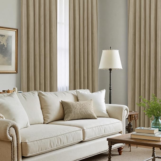 LAMIT Velvet Curtains 90 Inch for Living Room, Dark Taupe Thick Thermal Insulated Drapes Vintage Room Darkening Farmhouse Back Tab and Rod Pocket Panels for Bedroom, 2 Panels, 52 x 90 Inch