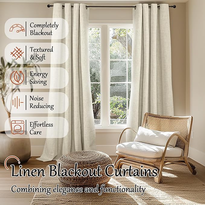 100% Blackout Curtains 96 Inches Long for Living Room 2 Panels Set, Textured Floor Length 95 Inch Thermal Insulated Faux Linen Bronze Grommet Boho Window Drapes, Each 52" Wide, Natural