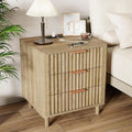 Fluted Nightstand with Charging Station, Multifunctional 3 Drawers Storage Bedside Table, Solid Wood Modern Nightstand, Curved Profile Design, End Table for Indoor Room Bedroom Office, Oak
