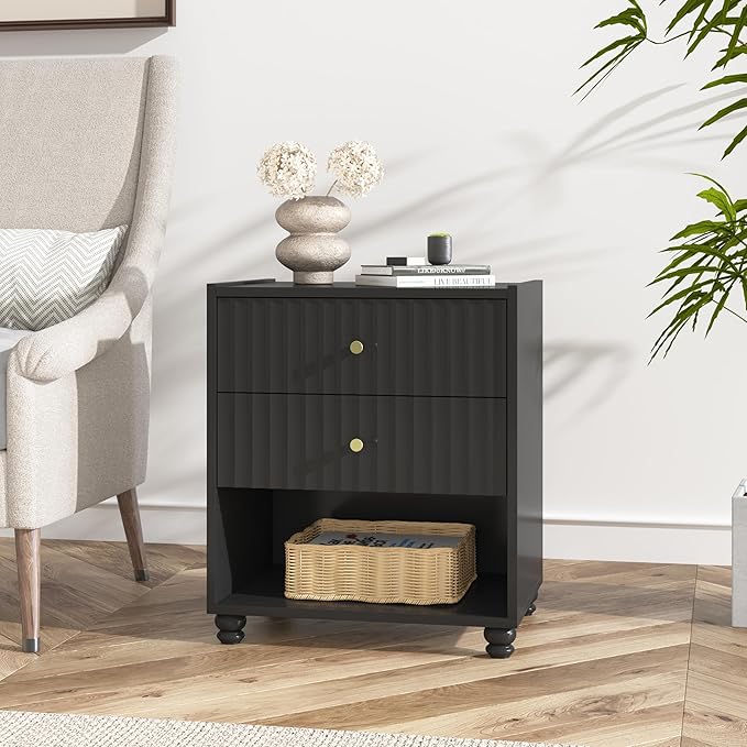 Modern Nightstand, Fluted End Table with 2 Drawers, Nightstand with Open Shelf for Bedroom (1, Black)