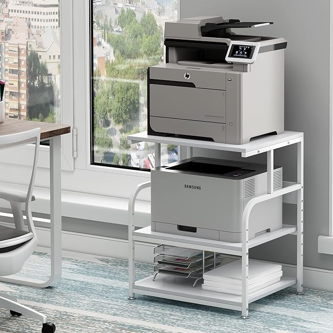 Fannova White Printer Stand, 23.6 x18.9 x 30 Inches Big Size Printer Table with Adjustable Shelf, 3 Tier Rolling Printer Cart with Wheels for Home Office Storage and Organization