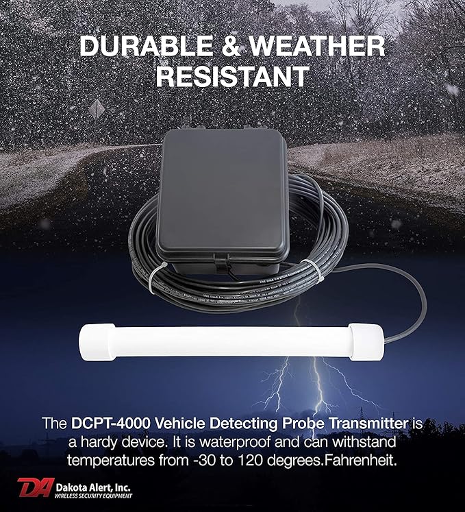 Dakota Alert Driveway Alarm Sensor - DCPA-4k Plus Driveway Alarms Wireless Outside Weatherproof Alert System, 1-Mile-Long Range Sensors, Receiver & Vehicle Detecting Probe Transmitter & 50' Wire