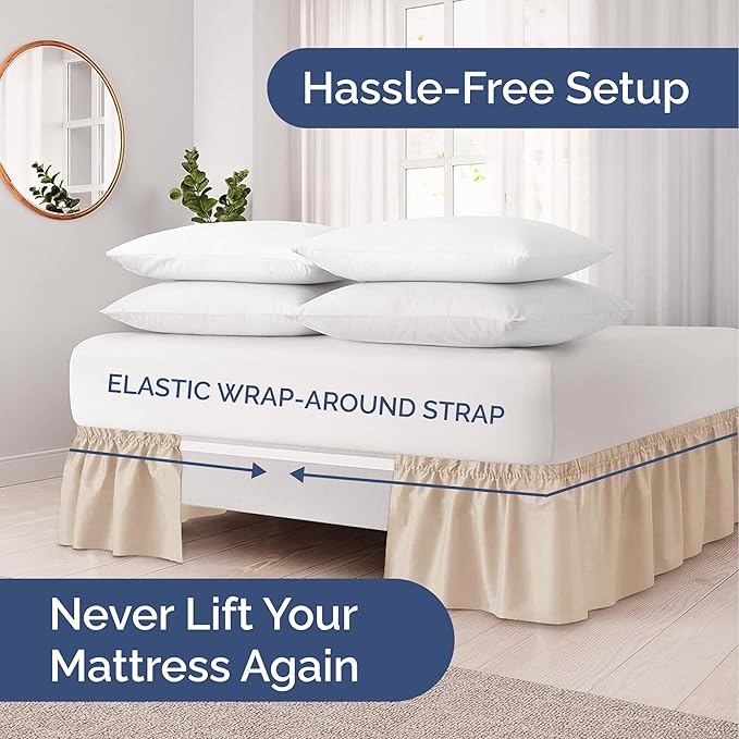 Wrap Around Dust Ruffle Bed Skirt - Cream - for Queen Size Beds with 15 in. Drop – Easy Fit Elastic Strap - Pleated Bedskirt with Brushed Fabric - Wrinkle Free, Machine Wash - by CGK Linens
